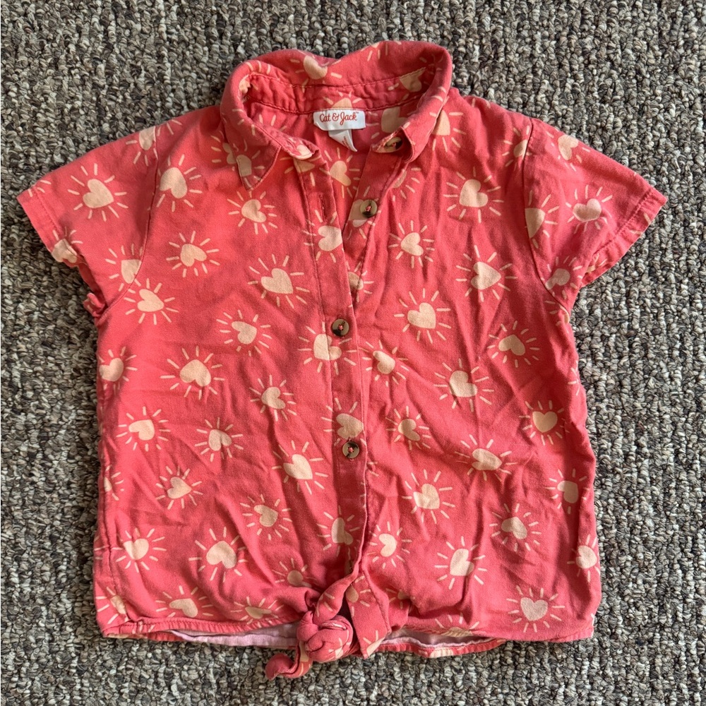 Cat & Jack Girls Sz M 7/8 Shirt Orange heart suns Button Knot Tie Retro style